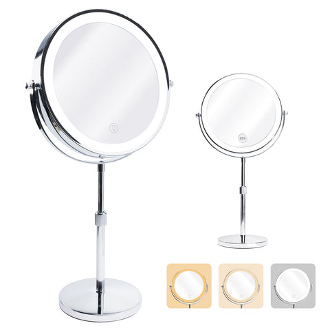 MIR-534 Double Sided 1X/10X LED Light Vanity Mirror 9" Rechargeable Make Up Mirror with Adjustable Brightness and 3-Color Change, 360° Rotatable, Touch Screen Design