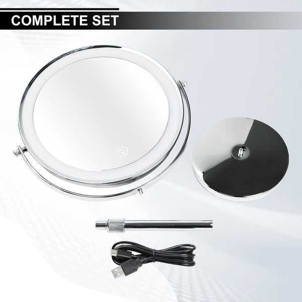 MIR-534 Double Sided 1X/10X LED Light Vanity Mirror 9" Rechargeable Make Up Mirror with Adjustable Brightness and 3-Color Change, 360° Rotatable, Touch Screen Design