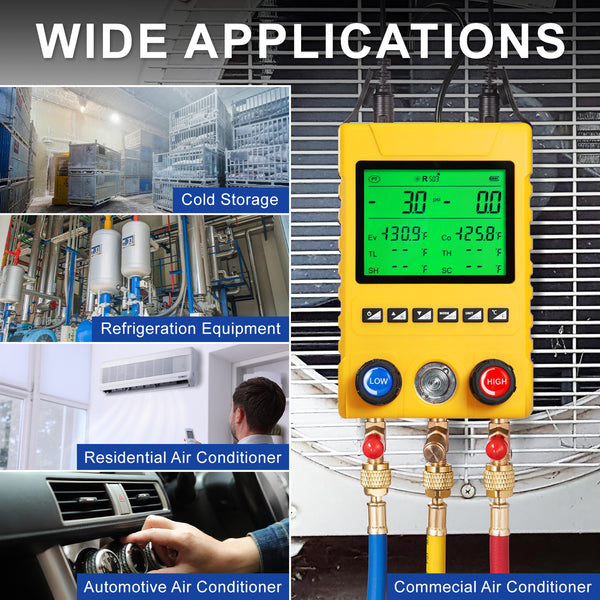 MNG-549 Digital Refrigerant Manifold Gauge Set, 800PSI HVAC Vacuum Pressure Tester with Pressure Holding Leak Test Function, Backlight LCD Display, Supports 88 Refrigerants for R410A R134A R22 R32 R290 R1234YF