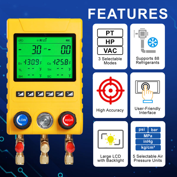 MNG-549 Digital Refrigerant Manifold Gauge Set, 800PSI HVAC Vacuum Pressure Tester with Pressure Holding Leak Test Function, Backlight LCD Display, Supports 88 Refrigerants for R410A R134A R22 R32 R290 R1234YF