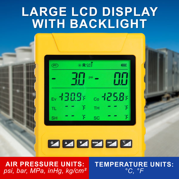 MNG-549 Digital Refrigerant Manifold Gauge Set, 800PSI HVAC Vacuum Pressure Tester with Pressure Holding Leak Test Function, Backlight LCD Display, Supports 88 Refrigerants for R410A R134A R22 R32 R290 R1234YF