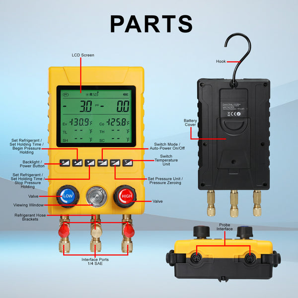 MNG-549 Digital Refrigerant Manifold Gauge Set, 800PSI HVAC Vacuum Pressure Tester with Pressure Holding Leak Test Function, Backlight LCD Display, Supports 88 Refrigerants for R410A R134A R22 R32 R290 R1234YF