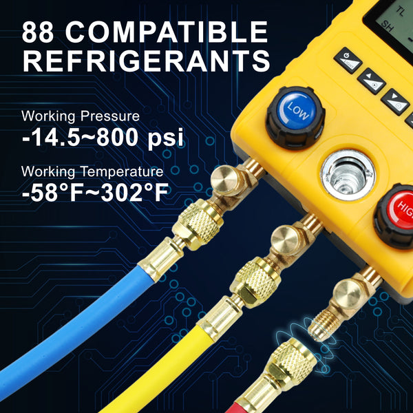 MNG-549 Digital Refrigerant Manifold Gauge Set, 800PSI HVAC Vacuum Pressure Tester with Pressure Holding Leak Test Function, Backlight LCD Display, Supports 88 Refrigerants for R410A R134A R22 R32 R290 R1234YF