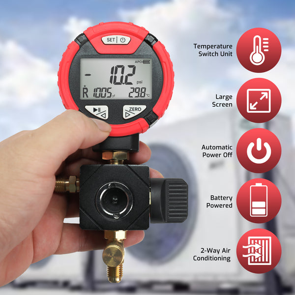 MNG-550H Digital High-Pressure Single Refrigerant Manifold Gauge with Leak Test Function and Control Valve, -14.5-800 psi, 88 Available Refrigerants for HVAC Auto AC Repair Tool