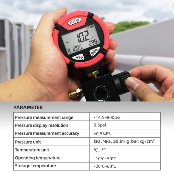 MNG-550H Digital High-Pressure Single Refrigerant Manifold Gauge with Leak Test Function and Control Valve, -14.5-800 psi, 88 Available Refrigerants for HVAC Auto AC Repair Tool