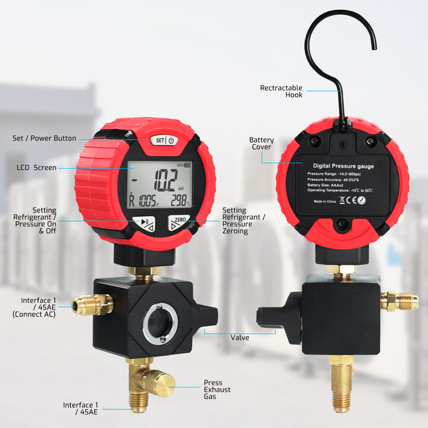 MNG-550H Digital High-Pressure Single Refrigerant Manifold Gauge with Leak Test Function and Control Valve, -14.5-800 psi, 88 Available Refrigerants for HVAC Auto AC Repair Tool