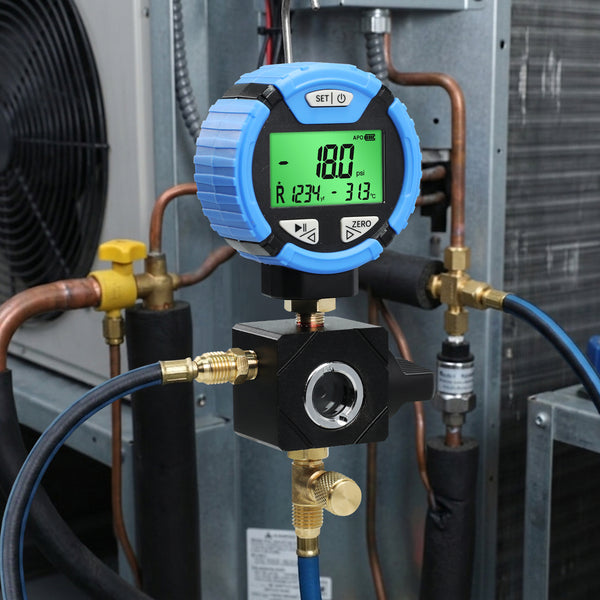 MNG-550L Digital Low-Pressure Single Refrigerant Manifold Gauge with Leak Test Function and Control Valve, -14.5~800psi, 88 Available Refrigerants for HVAC Auto AC Repair Tool