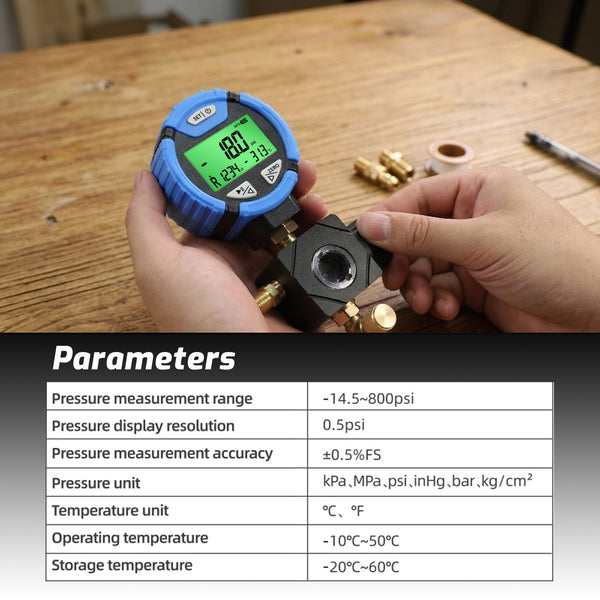 MNG-550L Digital Low-Pressure Single Refrigerant Manifold Gauge with Leak Test Function and Control Valve, -14.5~800psi, 88 Available Refrigerants for HVAC Auto AC Repair Tool