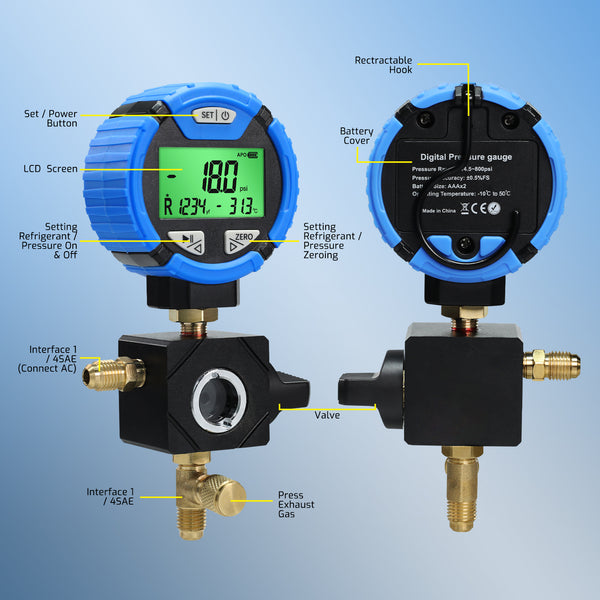 MNG-550L Digital Low-Pressure Single Refrigerant Manifold Gauge with Leak Test Function and Control Valve, -14.5~800psi, 88 Available Refrigerants for HVAC Auto AC Repair Tool