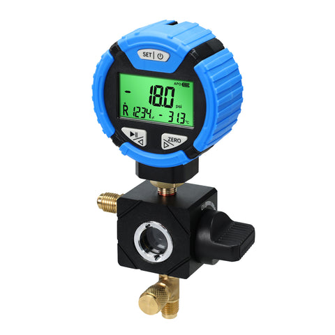 MNG-550L Digital Low-Pressure Single Refrigerant Manifold Gauge with Leak Test Function and Control Valve, -14.5~800psi, 88 Available Refrigerants for HVAC Auto AC Repair Tool