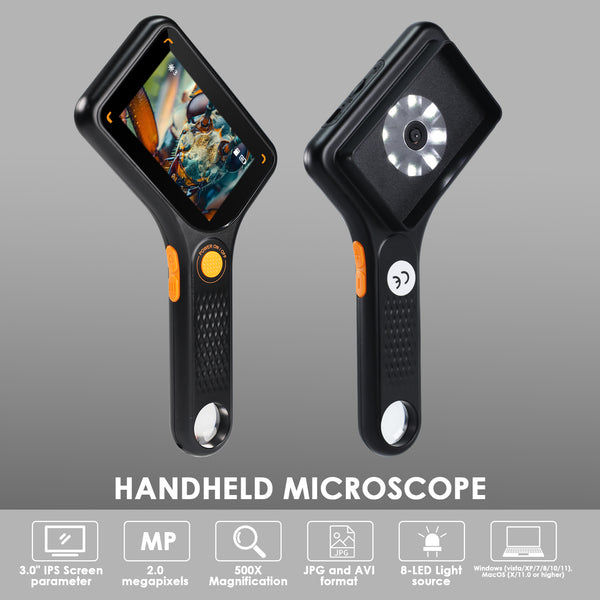 MSC-520 500X Digital Microscope with 3.0" IPS Screen, Autofocus, 64GB TF Card Support, Photo and Video with 8 LED Lights – for Windows/Mac Portable Magnifier for Coin, PCB Circuit Repair, Jewelry Inspection, School Laboratory etc.