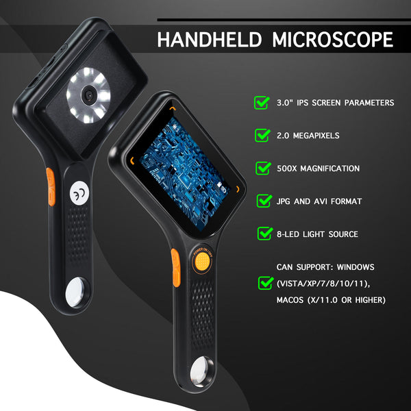 MSC-520 500X Digital Microscope with 3.0" IPS Screen, Autofocus, 64GB TF Card Support, Photo and Video with 8 LED Lights – for Windows/Mac Portable Magnifier for Coin, PCB Circuit Repair, Jewelry Inspection, School Laboratory etc.
