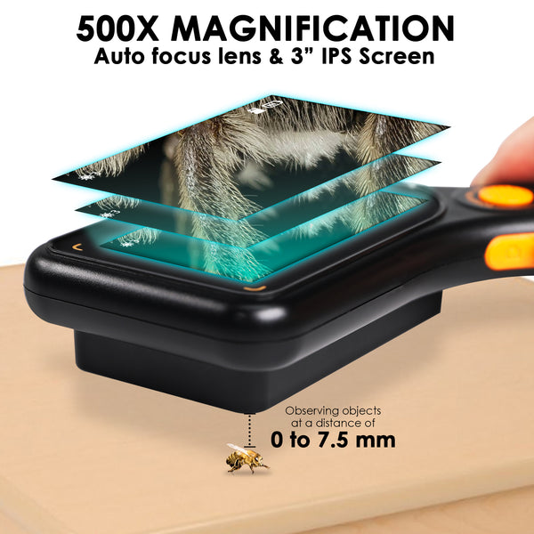 MSC-520 500X Digital Microscope with 3.0" IPS Screen, Autofocus, 64GB TF Card Support, Photo and Video with 8 LED Lights – for Windows/Mac Portable Magnifier for Coin, PCB Circuit Repair, Jewelry Inspection, School Laboratory etc.