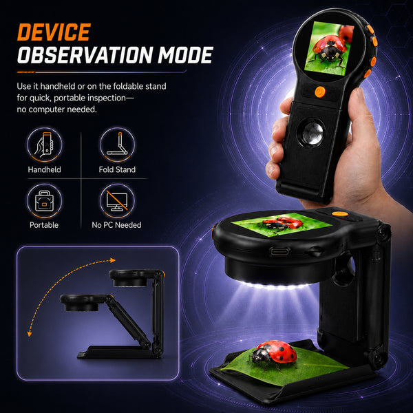 MSC-555 Handheld 500X Digital Microscope, Portable Folding Magnifier with Auto Focus, 8 LED Lights, 2.0 IPS Screen, PC Support Windows & macOS, Rechargeable Battery with 8GB TF Card for PCB Repair, Textile Inspection, Coin Collecting. etc.