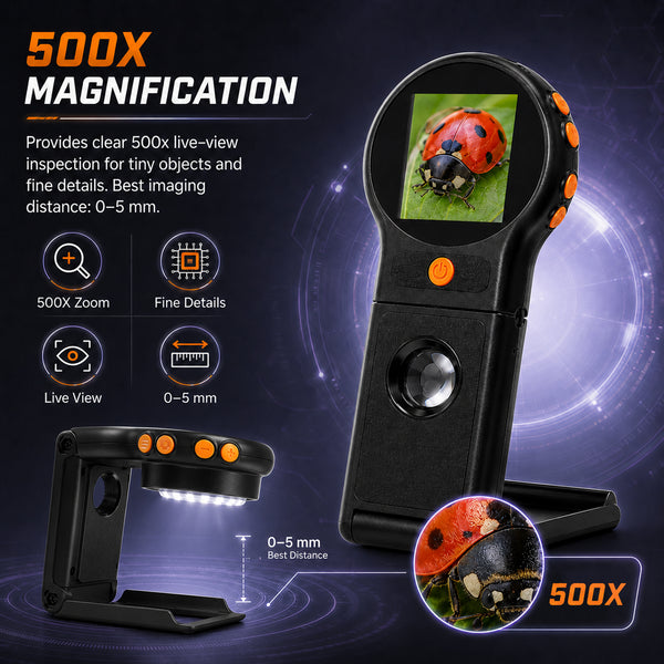MSC-555 Handheld 500X Digital Microscope, Portable Folding Magnifier with Auto Focus, 8 LED Lights, 2.0 IPS Screen, PC Support Windows & macOS, Rechargeable Battery with 8GB TF Card for PCB Repair, Textile Inspection, Coin Collecting. etc.
