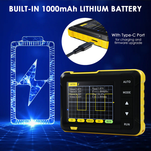 MUL-400 Mini Digital Oscilloscope Portable 200KHz Meter with 2.8" LCD, Auto Trigger, & USB Power  with High Voltage Probe (800V)