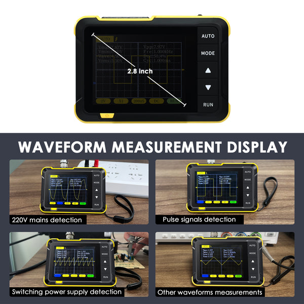 MUL-400 Mini Digital Oscilloscope Portable 200KHz Meter with 2.8" LCD, Auto Trigger, & USB Power  with High Voltage Probe (800V)