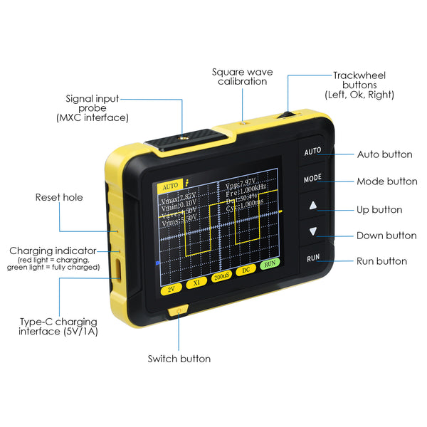MUL-400 Mini Digital Oscilloscope Portable 200KHz Meter with 2.8" LCD, Auto Trigger, & USB Power  with High Voltage Probe (800V)