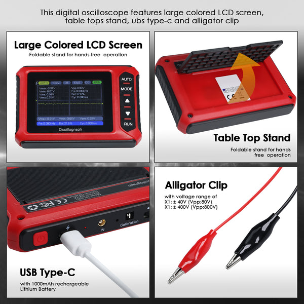 MUL-498 Portable Handheld Digital Oscilloscope Voltage, Frequency, Rise Time, Duty Cycle for Professional and DIY Analysis