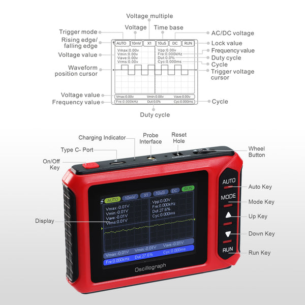 MUL-498 Portable Handheld Digital Oscilloscope Voltage, Frequency, Rise Time, Duty Cycle for Professional and DIY Analysis