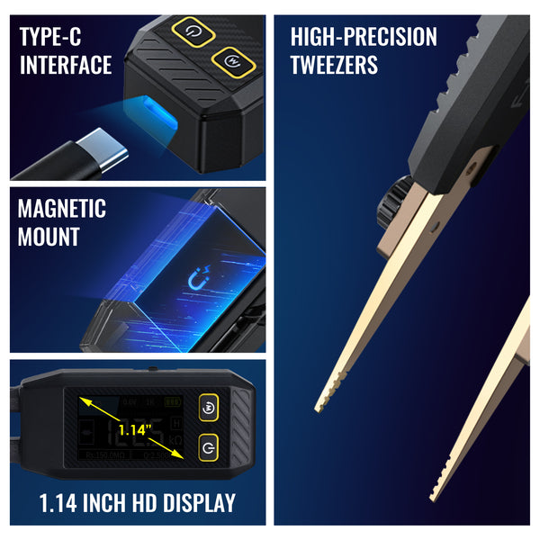 MUL-508 Portable LCR Meter Tweezer: Resistance/Capacitance/Inductance Tester w/ Diode Test, 100Hz/1kHz/10kHz, Color Display - Compact LCR Bridge