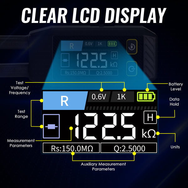 MUL-508 Portable LCR Meter Tweezer: Resistance/Capacitance/Inductance Tester w/ Diode Test, 100Hz/1kHz/10kHz, Color Display - Compact LCR Bridge