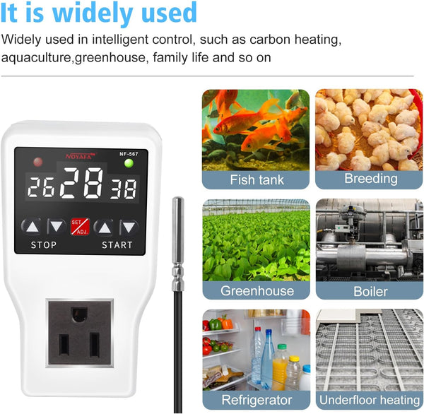 Digital Temperature Controller 10A Heating Cooling Control Modes Thermostat Outlet for Greenhouses, Fish Tank, Aquariums, Breeding, Brewing etc.
