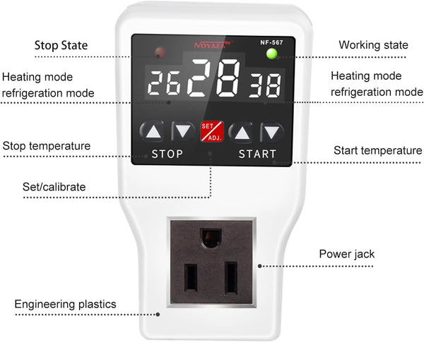 Digital Temperature Controller 10A Heating Cooling Control Modes Thermostat Outlet for Greenhouses, Fish Tank, Aquariums, Breeding, Brewing etc.