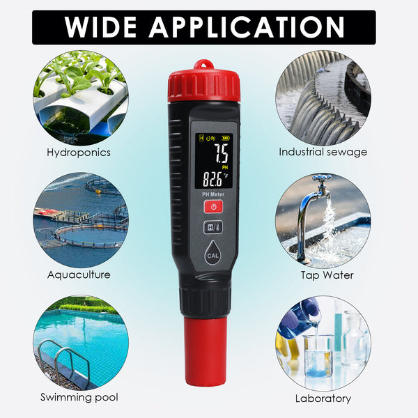 PHM-443 Digital Pentype pH Meter High Accuracy Colored Screen | Red Backlight Alarm | 3-Point Calibration with Temperature Measurement ATC Function for Liquids in Laboratory Food and Medicine Industry