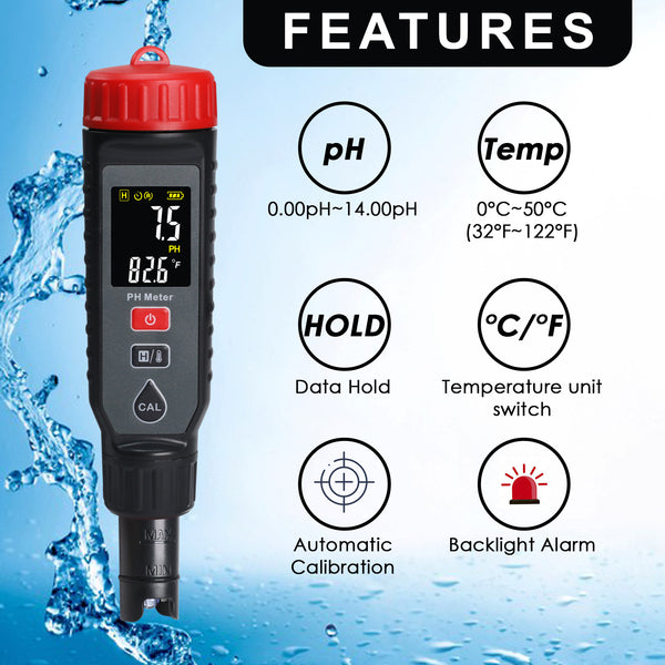 PHM-443 Digital Pentype pH Meter High Accuracy Colored Screen | Red Backlight Alarm | 3-Point Calibration with Temperature Measurement ATC Function for Liquids in Laboratory Food and Medicine Industry