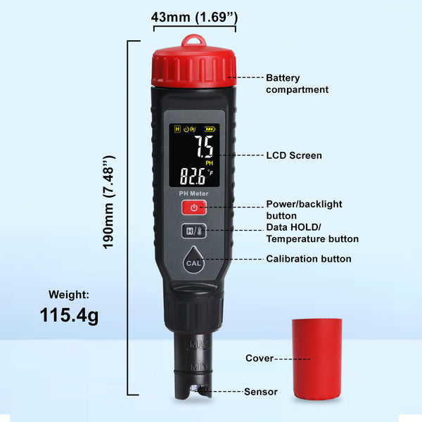 PHM-443 Digital Pentype pH Meter High Accuracy Colored Screen | Red Backlight Alarm | 3-Point Calibration with Temperature Measurement ATC Function for Liquids in Laboratory Food and Medicine Industry