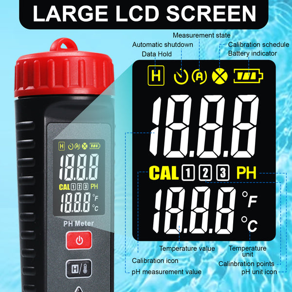 PHM-443 Digital Pentype pH Meter High Accuracy Colored Screen | Red Backlight Alarm | 3-Point Calibration with Temperature Measurement ATC Function for Liquids in Laboratory Food and Medicine Industry