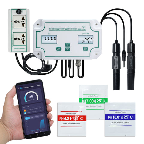 PHC-493 PH / EC /Temp Meter Smart Acidity & Conductivity Range Controller Monitoring and Dosing in Water pH Meter Conductivity Temp Tester App Remote Online Monitor for Swimming Pool Aquaculture Fishpond