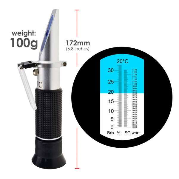 REB-32SGATC Beer Brix & Specific Gravity Refractometer with ATC Optic Dual Scale 0~32% Brix 1.000-1.130 SG Wine Wort Making Beer Brewing Fruit Juice Hops Sugar Homebrew Kit