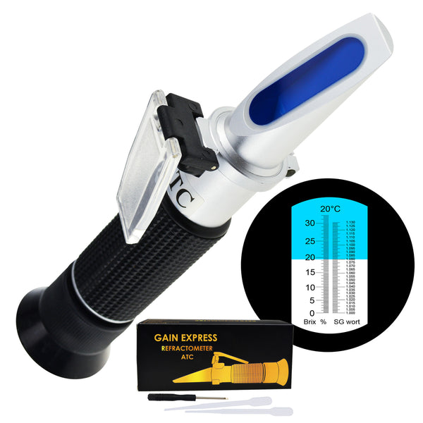 REB-32SGATC Beer Brix & Specific Gravity Refractometer with ATC Optic Dual Scale 0~32% Brix 1.000-1.130 SG Wine Wort Making Beer Brewing Fruit Juice Hops Sugar Homebrew Kit