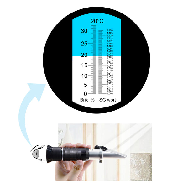 REB-32SGATC Beer Brix & Specific Gravity Refractometer with ATC Optic Dual Scale 0~32% Brix 1.000-1.130 SG Wine Wort Making Beer Brewing Fruit Juice Hops Sugar Homebrew Kit