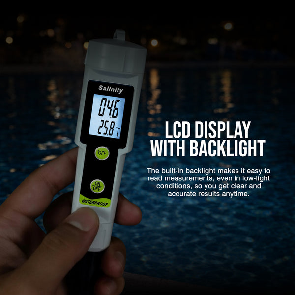SAL-543 Salinity and Temperature Meter Digital Salinometer 0–199.9 ppt ATC with LCD Backlight, High Precision 2-in-1 Pen Tester for Aquarium, Fish Pond, Marine Tank, and Swimming Pool