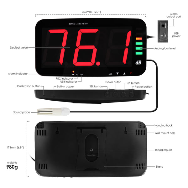 SLM-389 Wall Hanging Sound Level Meter 13" HD Screen Decibel Meter with Data Logger Function Audio and Visual Alarm