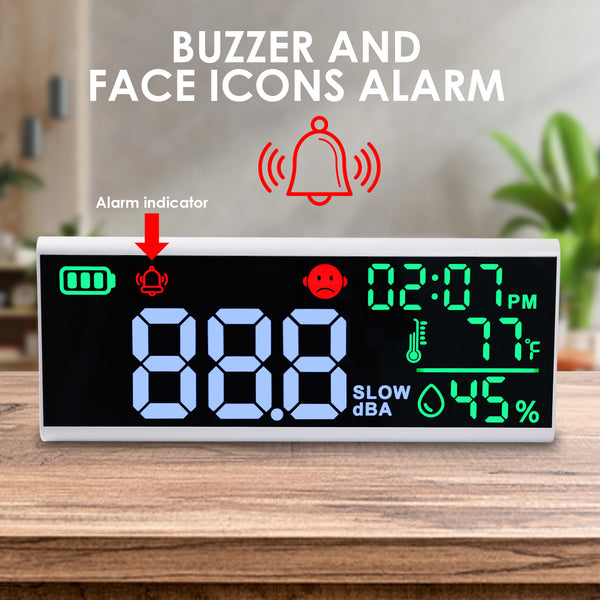 SLM-413 Wall-mounted|Desktop Noise Decibel Meter 13" Colored Screen Sound Level Tester 130dB with Temperature and Humidity Measurement, 12H/24H Clock Display, Adjustable Brightness and Alarm Function