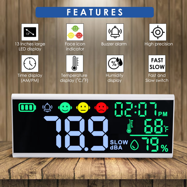 SLM-413 Wall-mounted|Desktop Noise Decibel Meter 13" Colored Screen Sound Level Tester 130dB with Temperature and Humidity Measurement, 12H/24H Clock Display, Adjustable Brightness and Alarm Function