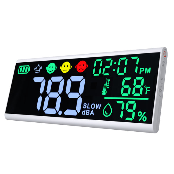 SLM-413 Wall-mounted|Desktop Noise Decibel Meter 13" Colored Screen Sound Level Tester 130dB with Temperature and Humidity Measurement, 12H/24H Clock Display, Adjustable Brightness and Alarm Function