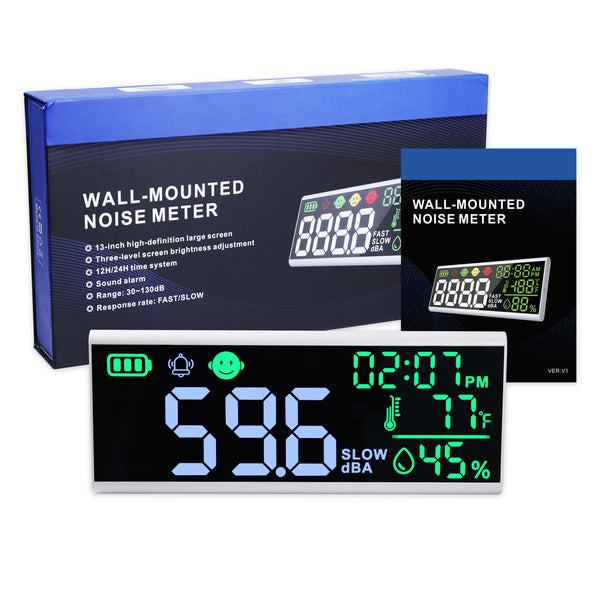 SLM-413 Wall-mounted|Desktop Noise Decibel Meter 13" Colored Screen Sound Level Tester 130dB with Temperature and Humidity Measurement, 12H/24H Clock Display, Adjustable Brightness and Alarm Function