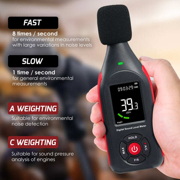 SLM-442 Sound Level Meter Datalogger Decibel Noise Tester SPL Monitor with 31,000 Data Record Function, Visual Hi | Low Alarm A | C Weighted Colored Screen Display for Home, Classroom, Traffic Noise Monitoring etc.