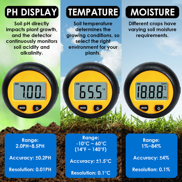 SQM-438 3-in-1 Soil Acidity / Alkalinity pH Tester with Temperature and Moisture Measurement 8.3-inch Metal Probe for Plant, Seedbed, Flower Farm, Agriculture, Orchard Soil Testing