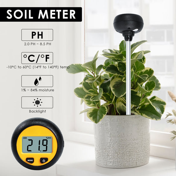 SQM-438 3-in-1 Soil Acidity / Alkalinity pH Tester with Temperature and Moisture Measurement 8.3-inch Metal Probe for Plant, Seedbed, Flower Farm, Agriculture, Orchard Soil Testing