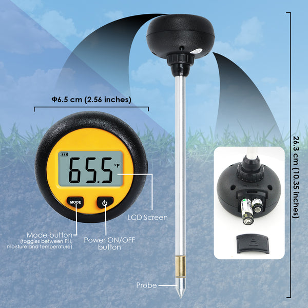 SQM-438 3-in-1 Soil Acidity / Alkalinity pH Tester with Temperature and Moisture Measurement 8.3-inch Metal Probe for Plant, Seedbed, Flower Farm, Agriculture, Orchard Soil Testing