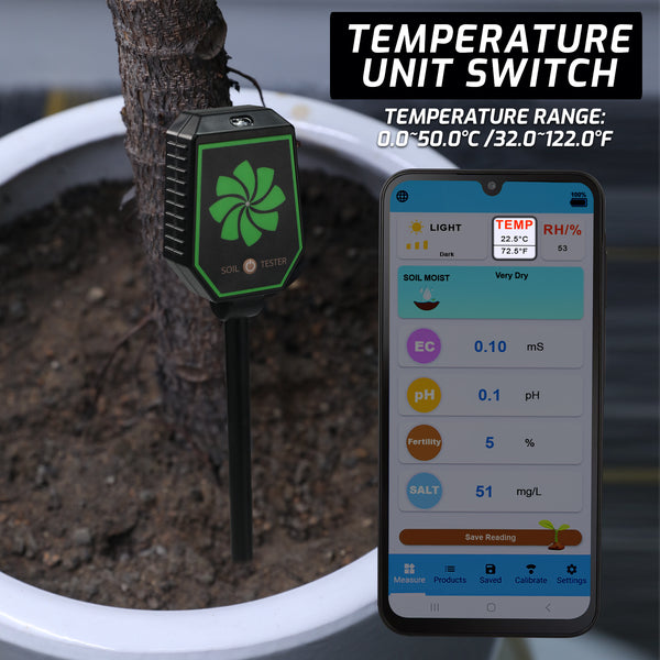 SQM-457 High Precision 8-in-1 PH EC Fertility Salt Temperature Soil Moisture Meter Smart Bluetooth Light Intensity Air Humidity Detector for Plant Health Monitoring