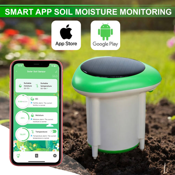 SQM-545 Smart Solar Soil Sensor Wireless Conductivity, Moisture, Temperature APP Monitoring IP66 Waterproof Works with Android & iOS for Gardens, Farms, Greenhouses
