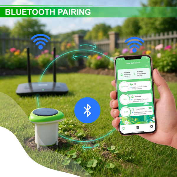SQM-545 Smart Solar Soil Sensor Wireless Conductivity, Moisture, Temperature APP Monitoring IP66 Waterproof Works with Android & iOS for Gardens, Farms, Greenhouses