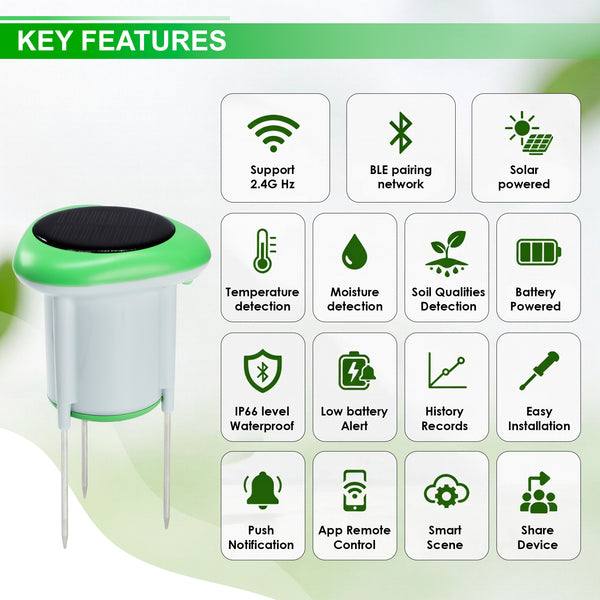 SQM-545 Smart Solar Soil Sensor Wireless Conductivity, Moisture, Temperature APP Monitoring IP66 Waterproof Works with Android & iOS for Gardens, Farms, Greenhouses
